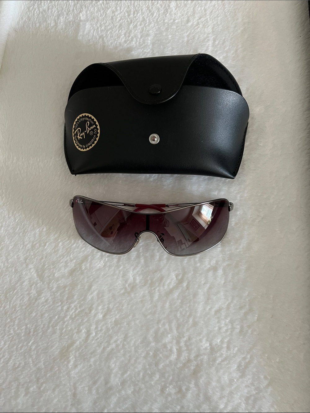 Ray-Ban Women Shield Sunglasses — Black Frame with Gradient Purple Lenses